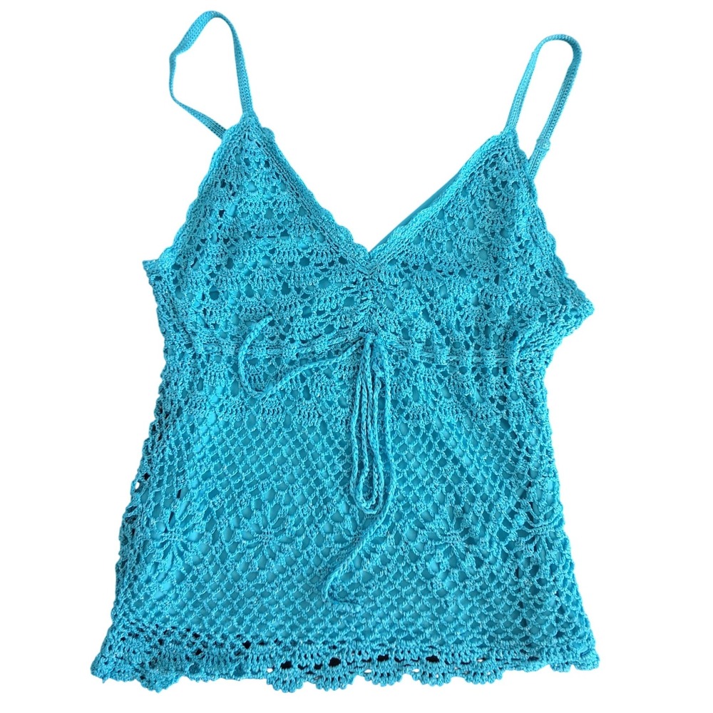 XXI Forever‎ Aqua Crochet Knit Shimmer Cami Top Boho Festival Y2K 90's Coachella